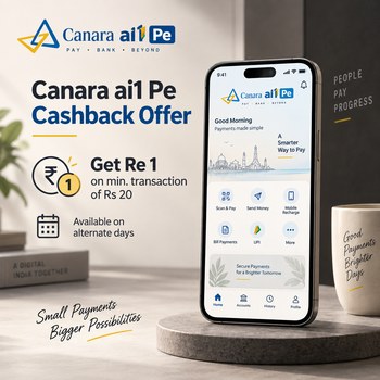 India Desire : Canara ai1 Pe Cashback Offers: Get Re 1 Cashback On Min Txn Of Rs 20 Only (Alternate Days) + Extra BBPS & Recharge Cashback