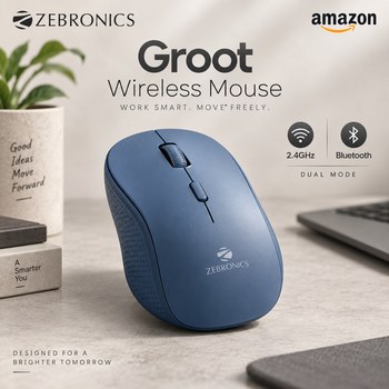 India Desire : Buy ZEBRONICS Groot Wireless Mouse, Dual Mode (2.4GHz + BT), Blue At Rs 271 From Amazon [Regular Price Rs 999]