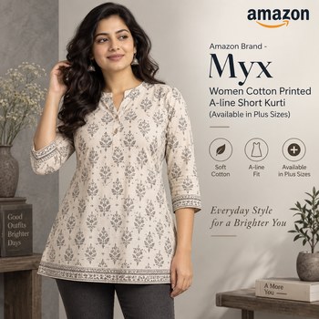 India Desire : Buy Amazon Brand Myx Women Cotton Printed A-line Short Kurti At Rs 211 From Amazon [Regular Price Rs 799]