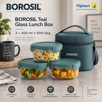 India Desire : Buy Borosil Teal Lunch Box with Bag, 3 Pc (400 ml x 3 Round) Glass Office Tiffin At Rs 417 From Flipkart [Regular Price Rs 1745]