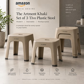 India Desire : Buy The Artment Khaki Set of 3 Tivo Plastic Stool Modern Stackable Multipurpose With Anti-Slip Base At Rs 1820 From Amazon [Regular Price Rs 7499]