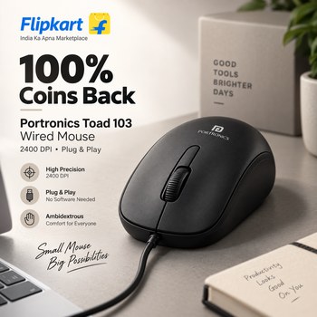 India Desire : Buy Portronics Toad 103 Wired Ambidextrous Optical Mouse with 2400 DPI At Rs 499 From Flipkart + 100% SuperCoins Back [Regular Price Rs 499]