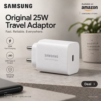 India Desire : Buy Samsung Original 25W USB Type-C Travel Adaptor Without Cable (White) At Rs 489 From Amazon [Regular Price Rs 1699]