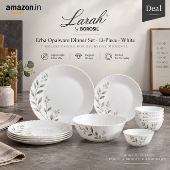 India Desire : Buy Larah by Borosil Erba Opalware Dinner Set, 13 -Piece, White From Amazon [Regular Price Rs 2120]