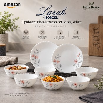 India Desire : Buy Larah by BOROSIL Opalware Floral Snacks Set - 8Pcs, White At Rs 513 From Amazon [Regular Price Rs 925]