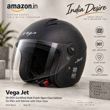 India Desire : Buy Vega Jet ISI DOT Certified Matt Finish Open Face Helmet for Men and Women with Clear Visor (Dull Black, Size:M) At Rs 895 From Amazon [Regular Price Rs 1296]