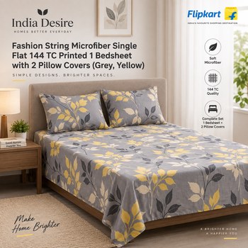India Desire : Buy Fashion String Microfiber Single Flat 144 TC Printed 1 Bedsheet with 2 Pillow Covers (Grey, Yellow) From Flipkart [Regular Price Rs 499]