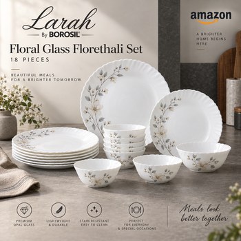 India Desire : Buy Larah By Borosil Floral Glass Florethali Set (White) 18 Pieces At Rs 979 From Amazon [Regular Price Rs 2195]