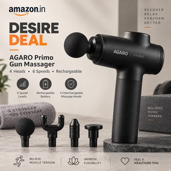 India Desire : Buy AGARO Primo Gun Massager 4 Heads 6 Speed Rechargeable Handheld Black At Rs 799 From Amazon [Regular Price Rs 2499]