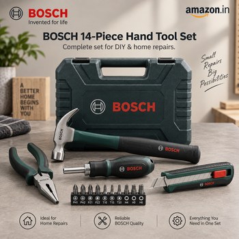 India Desire : Buy Bosch 14-Piece Hand Tool Set with Pliers, Screwdriver, Hammer, Utility Knife & 10 Bits At Rs 1370 From Amazon [Regular Price Rs 2779]