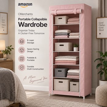 India Desire : Buy CMerchants Portable Collapsible Wardrobe for Clothes Storage (Baby Pink, 6-Layer) At Rs 599 From Amazon [Regular Price Rs 1499]