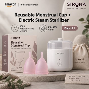 India Desire : Buy Sirona Reusable Menstrual Cup for Women (Medium) with Electric Steam Sterilizer - Pack of 2 | 100% Medical-Grade Silicone | Kills 99% Germs | Rash, Odour & Itch-Free Period Car