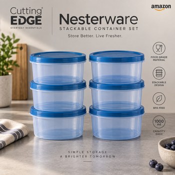 India Desire : Buy Cutting EDGE Nesterware 1000ml Round Stackable Container (Set of 6, Blue) At Rs 255 From Amazon [Regular Price Rs 919]