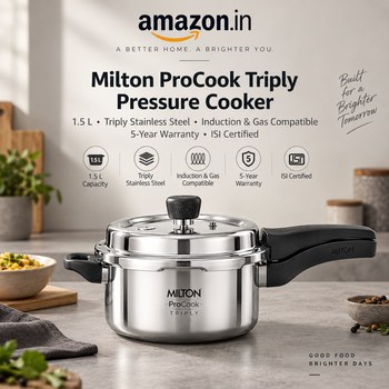 India Desire : Buy Milton ProCook Triply Pressure Cooker Stainless Steel with Outer Lid, 1.5 Litres, Induction and Gas Stove Compatible, Gasket Release System, 5 Years Warranty, ISI Certified, Silver From Amazon [Regular Price Rs 3300]
