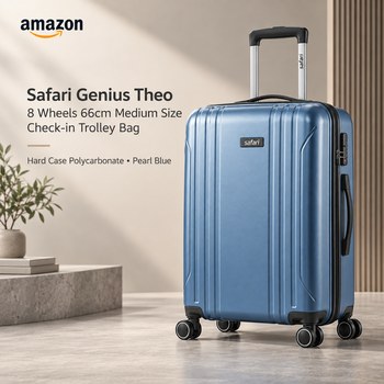 India Desire : Buy Safari Genius Theo 8 Wheels 66cm Medium Size Check-in Trolley Bag, Hard Case Polycarbonate, Pearl Blue At Rs 1876 From Amazon [Regular Price Rs 9599]