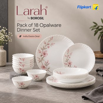 India Desire : Buy Larah by Borosil Pack of 18 Opalware Dinner Set (Pink, Microwave Safe) At Rs 1081 From Flipkart [Regular Price Rs 2695]