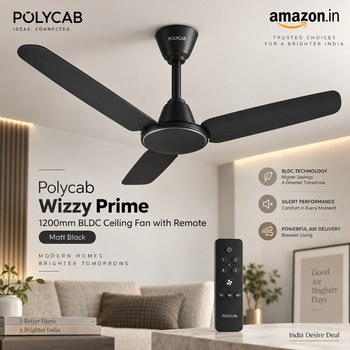 India Desire : Buy Polycab Wizzy Prime 1200mm BLDC Ceiling Fan with Remote Matt Black At Rs 3599 From Amazon [Regular Price Rs 7099]