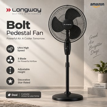 India Desire : Buy LONGWAY Bolt Black Pedestal Fan, P1 400 mm, Ultra High Speed, 3 Blade, Decorative Star Rated At Rs 1595 From Amazon [Regular Price Rs 3299]