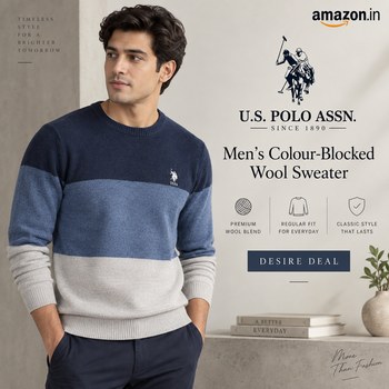 India Desire : Buy U.S. Polo ASSN. Mens Blue Colour Blocked Crewneck Longsleeve Casual Wool RegularFit Sweater At Rs 1260 From Amazon [Regular Price Rs 3499]
