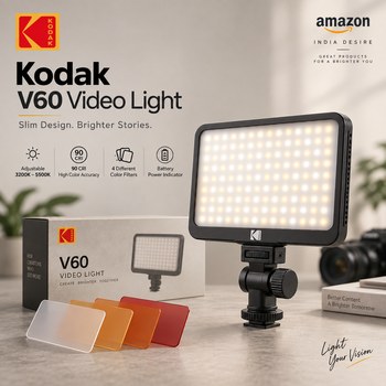 India Desire : Buy Kodak V60 Video Light Slim Design with Adjustable Color Temp 3200K-5500K|90CRI |4 Different Color Filters|Battery Power Indicator|Angle Adjustment Knob|Ideal for Photography & 
