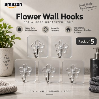 India Desire : Buy PVC Plastic Flower Wall Hooks for Hanging – Pack of 5 | Heavy Duty Self Adhesive Transparent PVC Hook Sticker | Reusable No Drill Wall Hangers for Kitchen, Bathroom, Outdoor & 