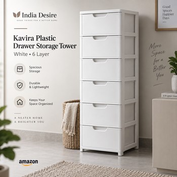 India Desire : Buy Kavira Plastic Drawer Storage Tower - Space Organizer (White, 6 Layer) At Rs 595 From Amazon [Regular Price Rs 3539]