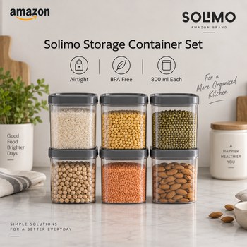 India Desire : Buy Amazon Brand Solimo Plastic Storage Jar and Container Set 800 Ml Each Set of 6 Grey At Rs 287 From Amazon [Regular Price Rs 1499]