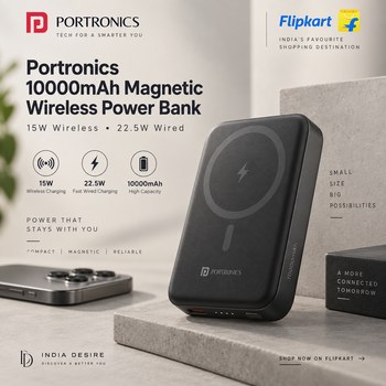 India Desire : Buy Portronics 10000mAh 15W Magnetic Wireless & 22.5W Fast Wired Power Bank At Rs 1399 From Flipkart [Regular Price Rs 2999]