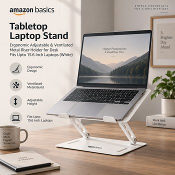 India Desire : Buy Amazon Basics Tabletop Laptop Stand, Ergonomic Adjustable & Ventilated Metal Riser Holder For Desk Fits Upto 15.6 Inch Laptops (White) At Rs 623 From Amazon [Regular Price Rs 1999]
