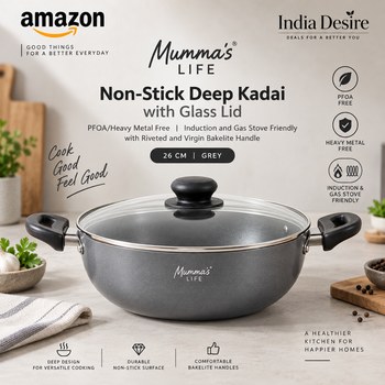 India Desire : Buy Mumma's LIFE Non-Stick Deep Kadai with Glass Lid (26CM, Grey) At Rs 1149 From Amazon [Regular Price Rs 1492]