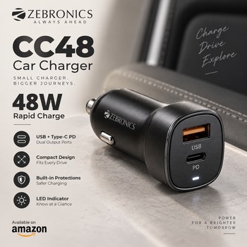 India Desire : Buy ZEBRONICS CC48 Car Charger with 48 Watts Rapid Charge, Dual Output Ports (USB + Type C PD) At Rs 159 From Amazon [Regular Price Rs 899]