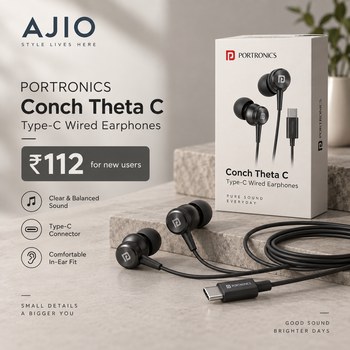 India Desire : Buy Portronics Conch Theta C In Ear Type C Wired Earphones At Rs 112 From Ajio (New User) [Regular Price Rs 799]