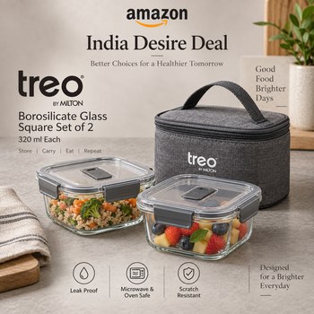 India Desire : Buy Treo By Milton All Weather Borosilicate Glass Square Set of 2, 320 ml Each, Tiffin With Waterproof Carry Jacket (Black) At Rs 659 From Amazon [Regular Price Rs 945]