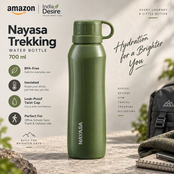 India Desire : Buy Nayasa Trekking 700ml Water Bottle (BPA-Free Insulated Plastic Inner, Leak-Proof Twist Cap, Green) At Rs 156 From Amazon [Regular Price Rs 319]