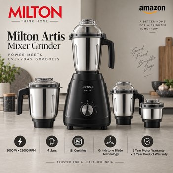 India Desire : Buy Milton Artis Mixer Grinder 1000W 4 Jar ISI Certified (Black) At Rs 3590 From Amazon [Regular Price Rs 10099]