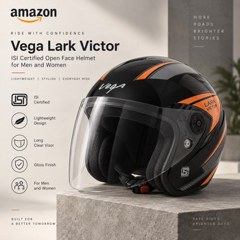 India Desire : Buy Vega Lark Victor ISI Certified Gloss Finish Lightweight Open Face Helmet for Men and Women with Long Clear Visor (Black Orange, Size M) At Rs 1166 From Amazon [Regular Price Rs 1296]