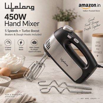 India Desire : Buy Lifelong 450W Hand Mixer With Beaters & Dough Hooks At Rs 1235 From Amazon [Regular Price Rs 3499]