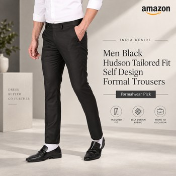 India Desire : Buy Arrow Men Black Hudson Tailored Fit Self Design Formal Trousers At Rs 716 From Amazon [Regular Price Rs 2399]