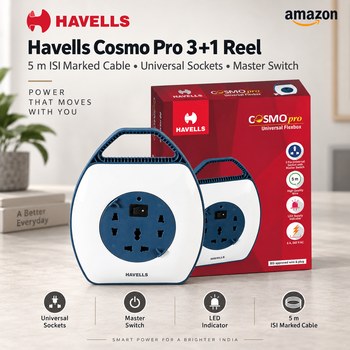 India Desire : Buy Havells Cosmo Pro 3+1 Reel Extension Board - 5 Mtr ISI Marked Cable At Rs 286 From Amazon [Regular Price Rs 699]