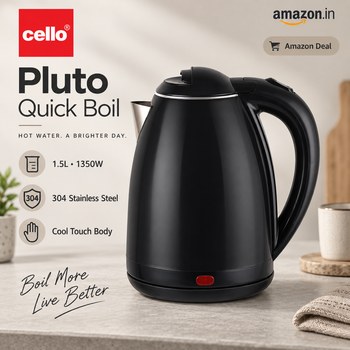 India Desire : Buy CELLO Pluto Quick Boil Electric Kettle 1.5L, 1350W Black | 304 Stainless Steel, Cool Touch Outer Body, On-Off Indicator | For Boiling Water, Tea Coffee Making, Perfect for Offi
