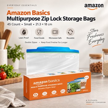 India Desire : Buy Amazon Basics Multipurpose Zip Lock Storage Bags 45 Count Small (21.3 x 18 cm) At Rs 221 From Amazon [Regular Price Rs 600]
