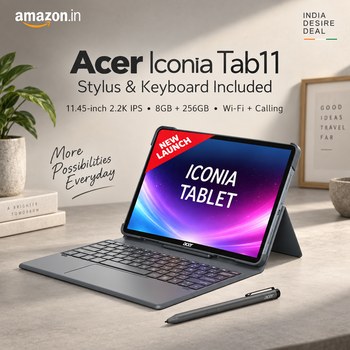 India Desire : Buy Acer Iconia Tab11 with Stylus & Keyboard | 11.45" | 2.2K IPS Display, 450 Nit | Quad Speakers | 8GB + 256 GB (Expandable) | Wi-Fi + (Calling) | Fingerprint Reader| Slim Metal B