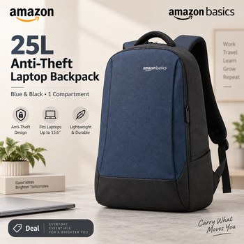 India Desire : Buy Amazon Basics 25L Anti Theft Design Laptop Backpack with 1 Compartment, Blue and Black At Rs 899 From Amazon [Regular Price Rs 2299]