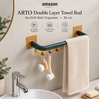 India Desire : Buy ARTO Double Layer Towel Rod Holder with Hooks - 36cm Wall Mounted Towel Rail & Kitchen Utensil Rack - No Drill Bathroom Organizer, Nordic Style Hanger for Hand Towels, Spatulas