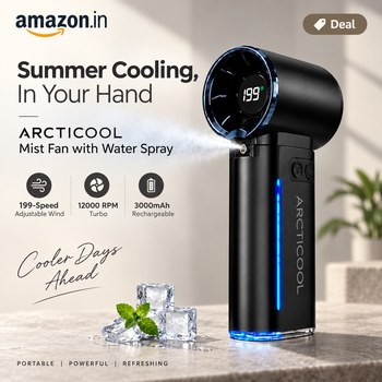 India Desire : Buy ARCTICOOL Mist Fan with Water Spray, Portable Cooling Fan with 199-Speed Adjustable Wind, 12000 RPM Turbo Hand Fan with 3000mAh Rechargeable Battery At Rs 1273 From Amazon
