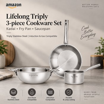 India Desire : Buy Lifelong Triply 3-piece Cookware Set (22 cm Kadai, 22 cm Frypan & 14 cm Saucepan) At Rs 1499 From Amazon [Regular Price Rs 5999]