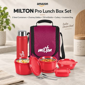 India Desire : Buy MILTON Pro Lunch Box with Steel Cutlery, 3 Microwave Safe Inner Steel Containers, Chutney Dabba, 750 ml Bottle & Insulated Bag (Maroon) At Rs 899 From Amazon [Regular Price Rs 1999]