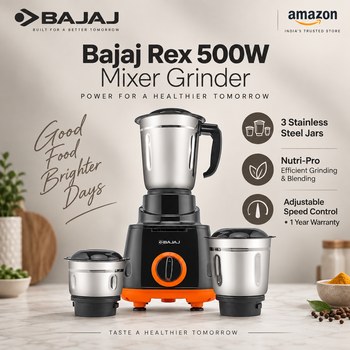 India Desire : Buy Bajaj Rex 500W Mixer Grinder With 3 Stainless Steel Jars At Rs 2199 From Amazon [Regular Price Rs 3210]