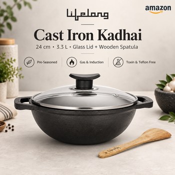 India Desire : Buy Lifelong Cast Iron Kadhai 24cm with Glass Lid & Wooden Spatula At Rs 999 From Amazon [Regular Price Rs 2799]