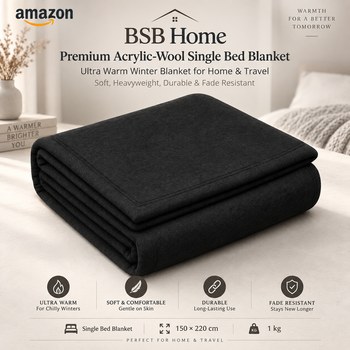 India Desire : Buy BSB Home Premium Acrylic-Wool Single Bed Blanket (Black, 150 x 220 cm, 1 Kg) At Rs 285 From Amazon [Regular Price Rs 799]